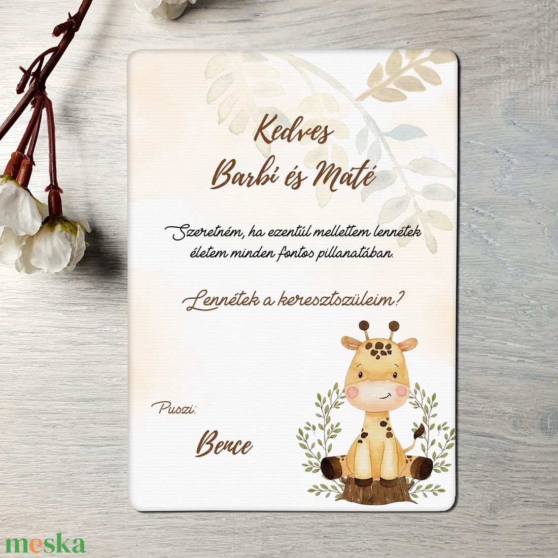 Zsiráfos keresztszülő felkérő (ajándék borítékkal) - unisex - otthon & életmód - papír, írószer - ajándékozás kellékei - meghívó - Meska.hu