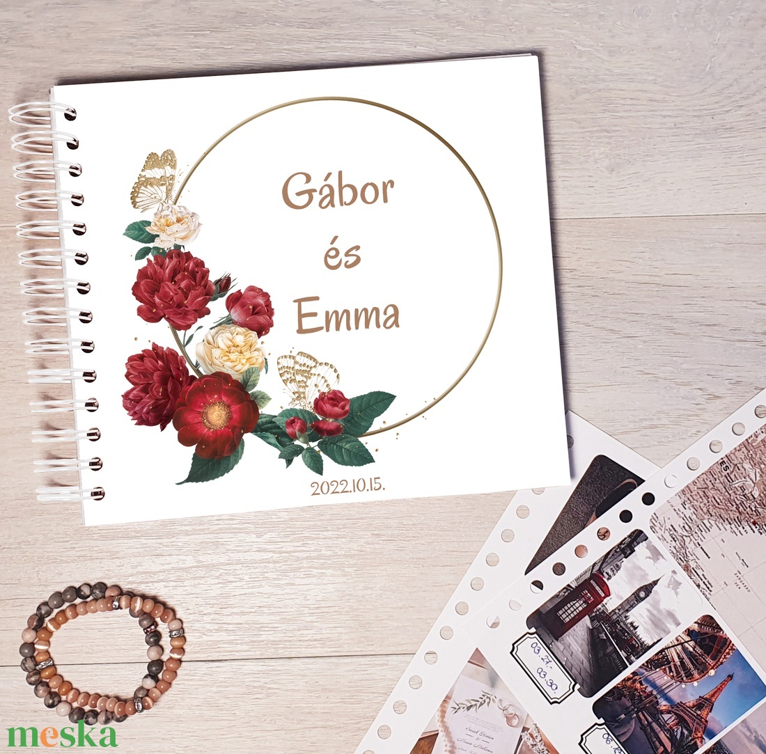 Esküvői vendégkönyv, piros virágos, rózsa mintás - névre szóló - esküvő - emlék & ajándék - vendégkönyv - Meska.hu