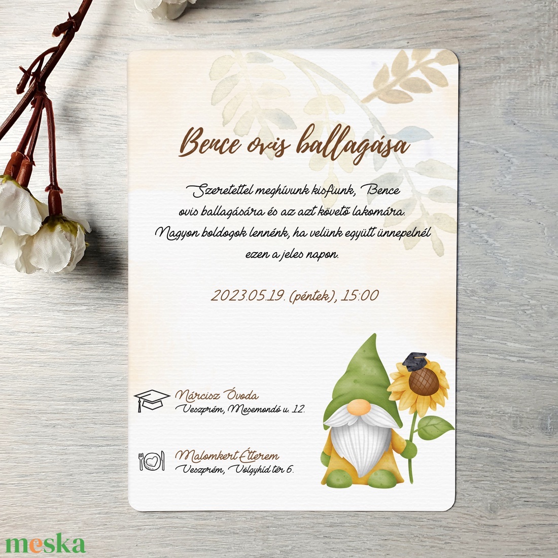 Napraforgó manó ovis ballagási meghívó (ajándék borítékkal) - unisex - otthon & életmód - papír, írószer - ajándékozás kellékei - meghívó - Meska.hu