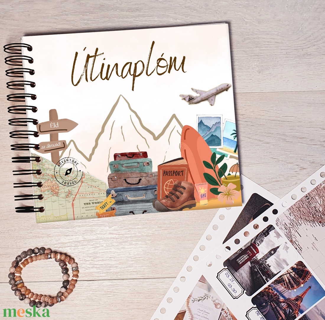 Útinapló - színes / Utazós Scrapbook / emlékkönyv / napló egyedi felirattal, ajándék ötlet pároknak, Valentin napi - otthon & életmód - papír, írószer - jegyzetfüzet & napló - Meska.hu