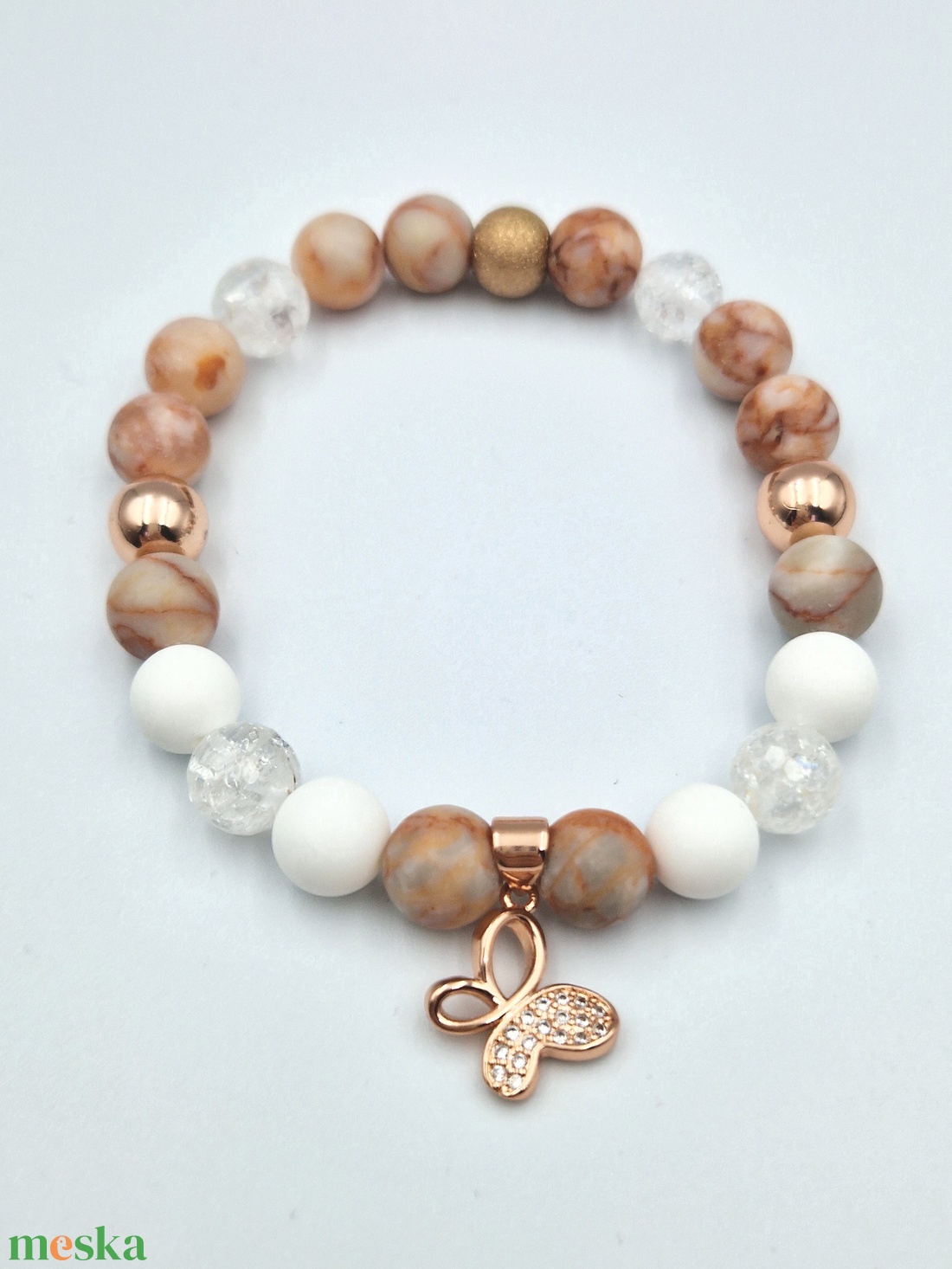 Rosegold karkötő cirkóniás pillangó medállal - ékszer - karkötő - gyöngyös karkötő - Meska.hu