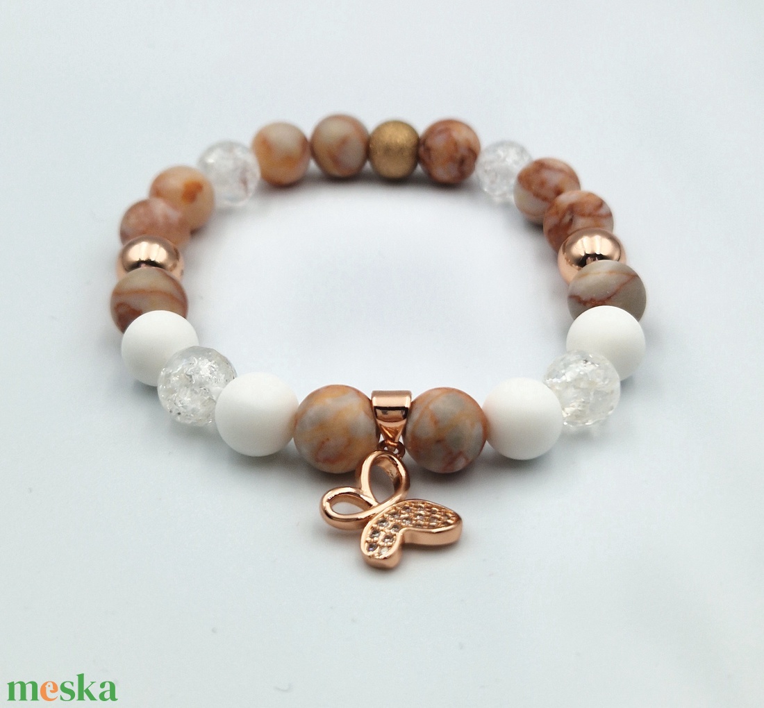 Rosegold karkötő cirkóniás pillangó medállal - ékszer - karkötő - gyöngyös karkötő - Meska.hu