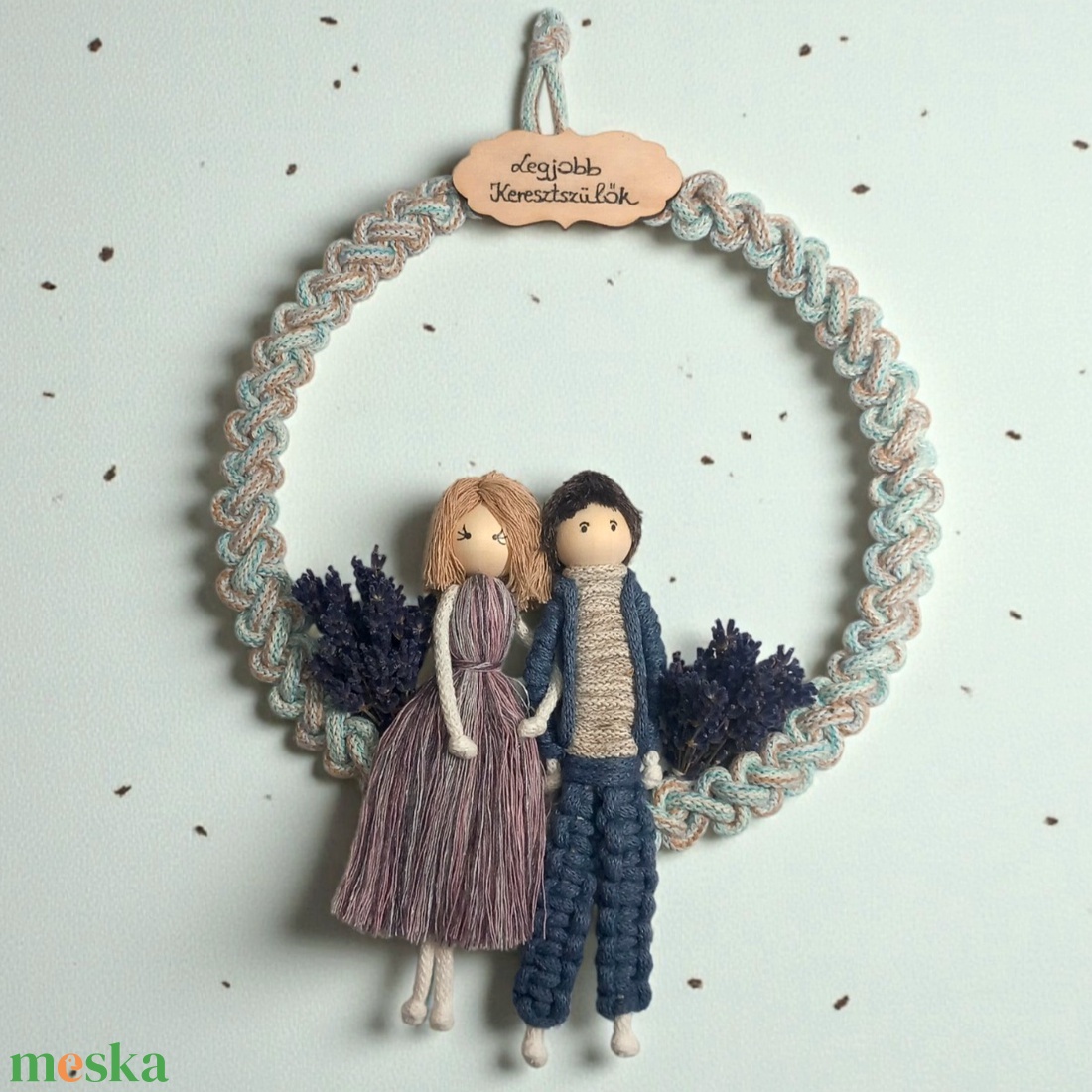 Keresztszülő Ajándék  Egyedi Levendulás Makramé Figurapár Vintage Karikán - otthon & életmód - dekoráció - ajtó- és ablak dekoráció - ajtódísz & kopogtató - Meska.hu