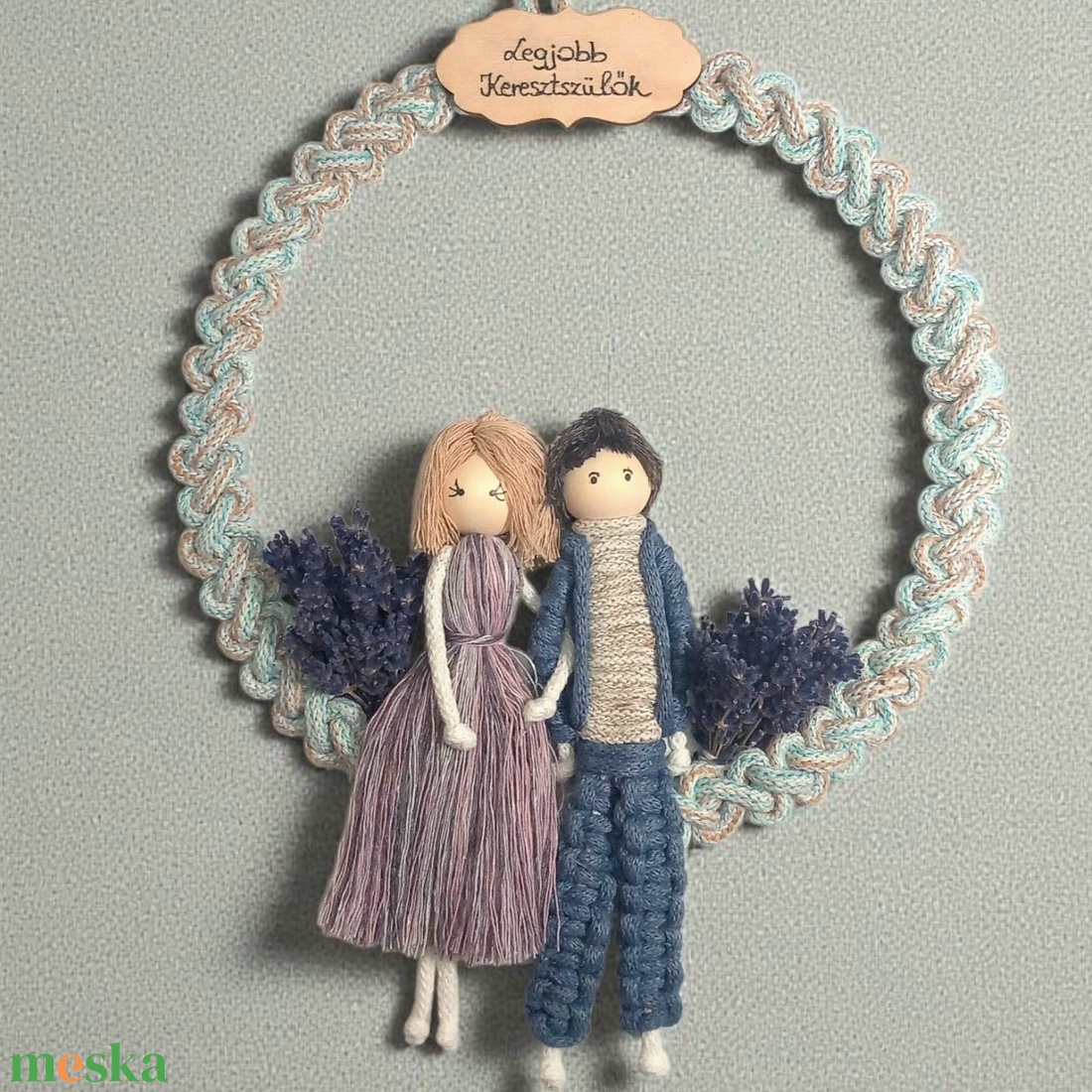 Keresztszülő Ajándék  Egyedi Levendulás Makramé Figurapár Vintage Karikán - otthon & életmód - dekoráció - ajtó- és ablak dekoráció - ajtódísz & kopogtató - Meska.hu