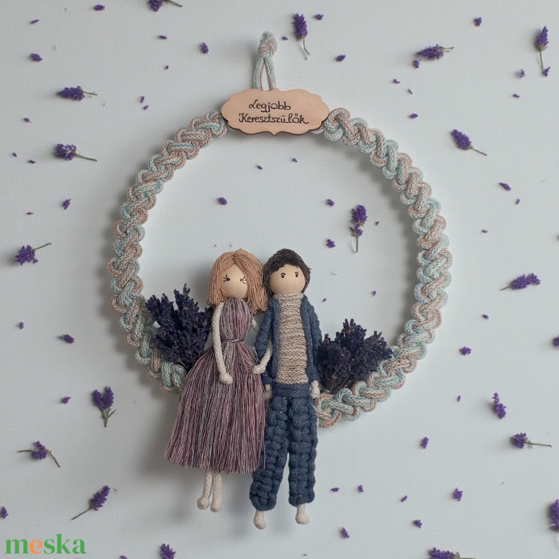 Keresztszülő Ajándék � Egyedi Levendulás Makramé Figurapár Vintage Karikán - otthon & életmód - dekoráció - ajtó- és ablak dekoráció - ajtódísz & kopogtató - Meska.hu