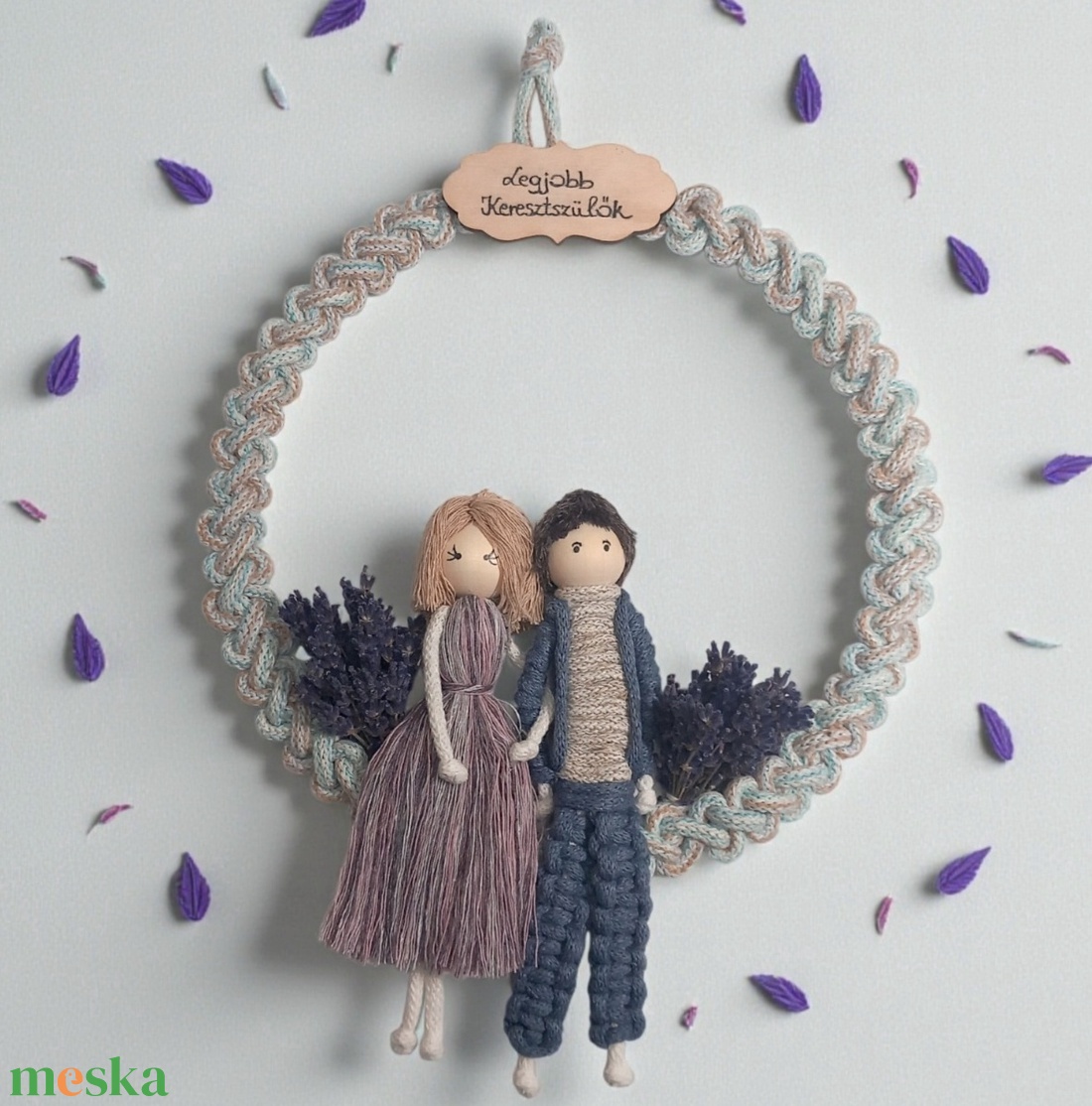 Keresztszülő Ajándék � Egyedi Levendulás Makramé Figurapár Vintage Karikán - otthon & életmód - dekoráció - ajtó- és ablak dekoráció - ajtódísz & kopogtató - Meska.hu