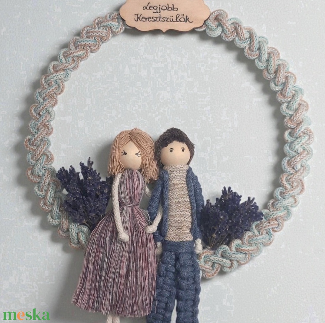 Keresztszülő Ajándék � Egyedi Levendulás Makramé Figurapár Vintage Karikán - otthon & életmód - dekoráció - ajtó- és ablak dekoráció - ajtódísz & kopogtató - Meska.hu