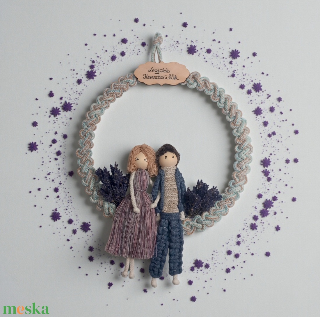 Keresztszülő Ajándék � Egyedi Levendulás Makramé Figurapár Vintage Karikán - otthon & életmód - dekoráció - ajtó- és ablak dekoráció - ajtódísz & kopogtató - Meska.hu