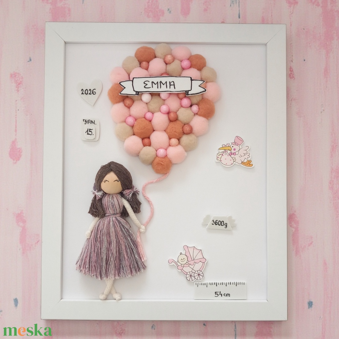 Egyedi, névre szóló babaváró ajándék � Makramé kislány lufival, születési adatokkal, fehér keretben - baba - mama - babaszoba dekoráció - babaszoba kép - Meska.hu