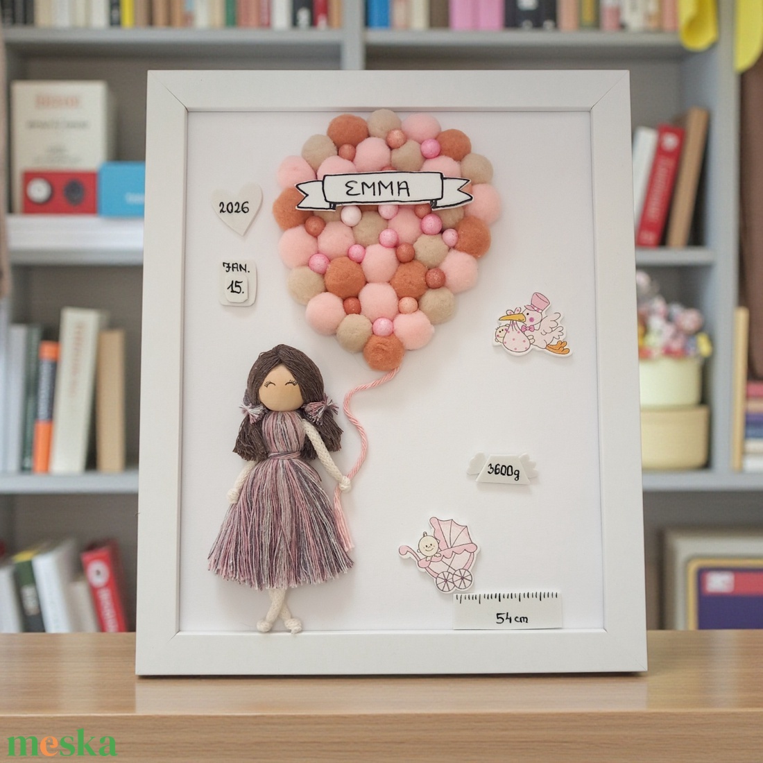 Egyedi, névre szóló babaváró ajándék � Makramé kislány lufival, születési adatokkal, fehér keretben - baba - mama - babaszoba dekoráció - babaszoba kép - Meska.hu