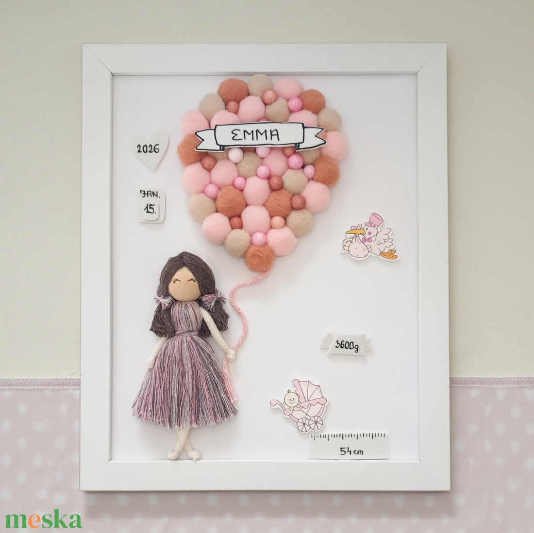 Egyedi, névre szóló babaváró ajándék � Makramé kislány lufival, születési adatokkal, fehér keretben - baba - mama - babaszoba dekoráció - babaszoba kép - Meska.hu