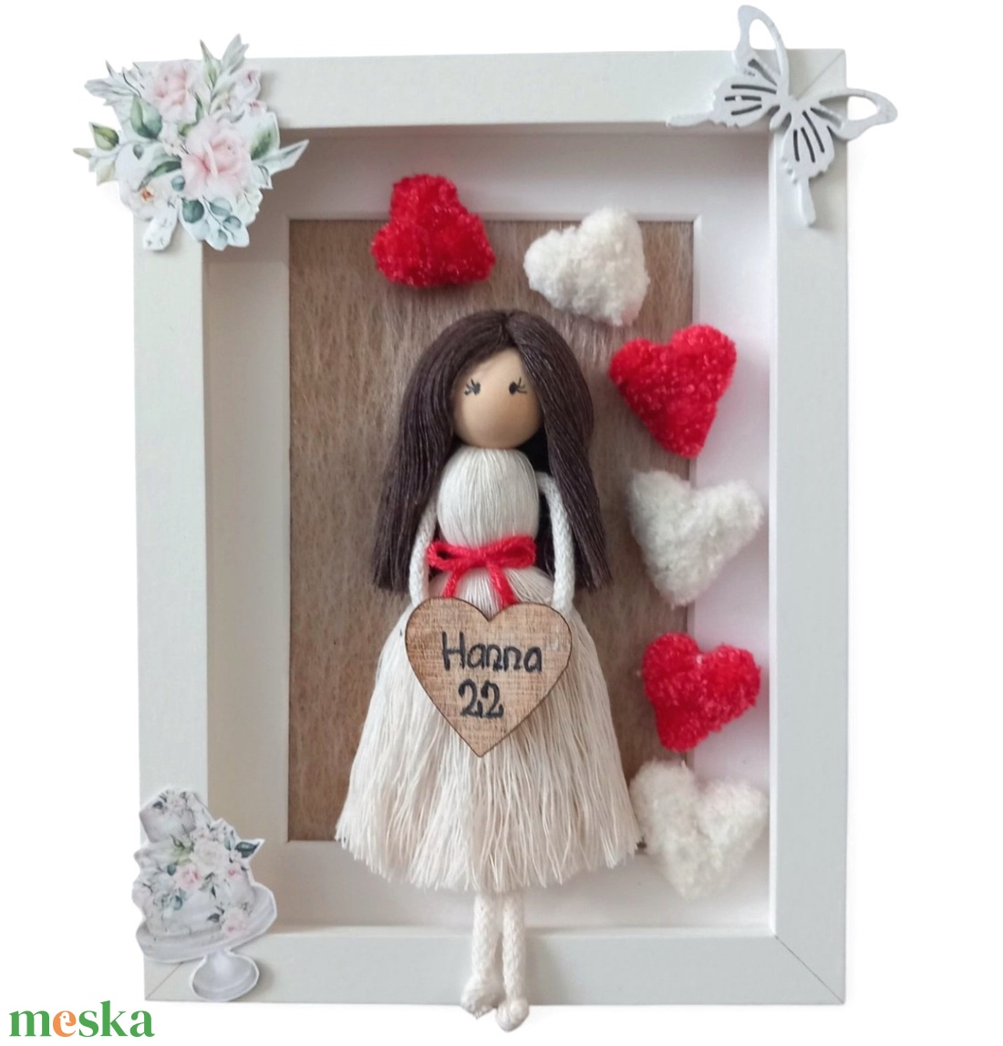 Születésnapi makramé baba dekoráció � névvel és évszámmal, fehér keretben - otthon & életmód - dekoráció - kép & falikép - 3d képek - Meska.hu