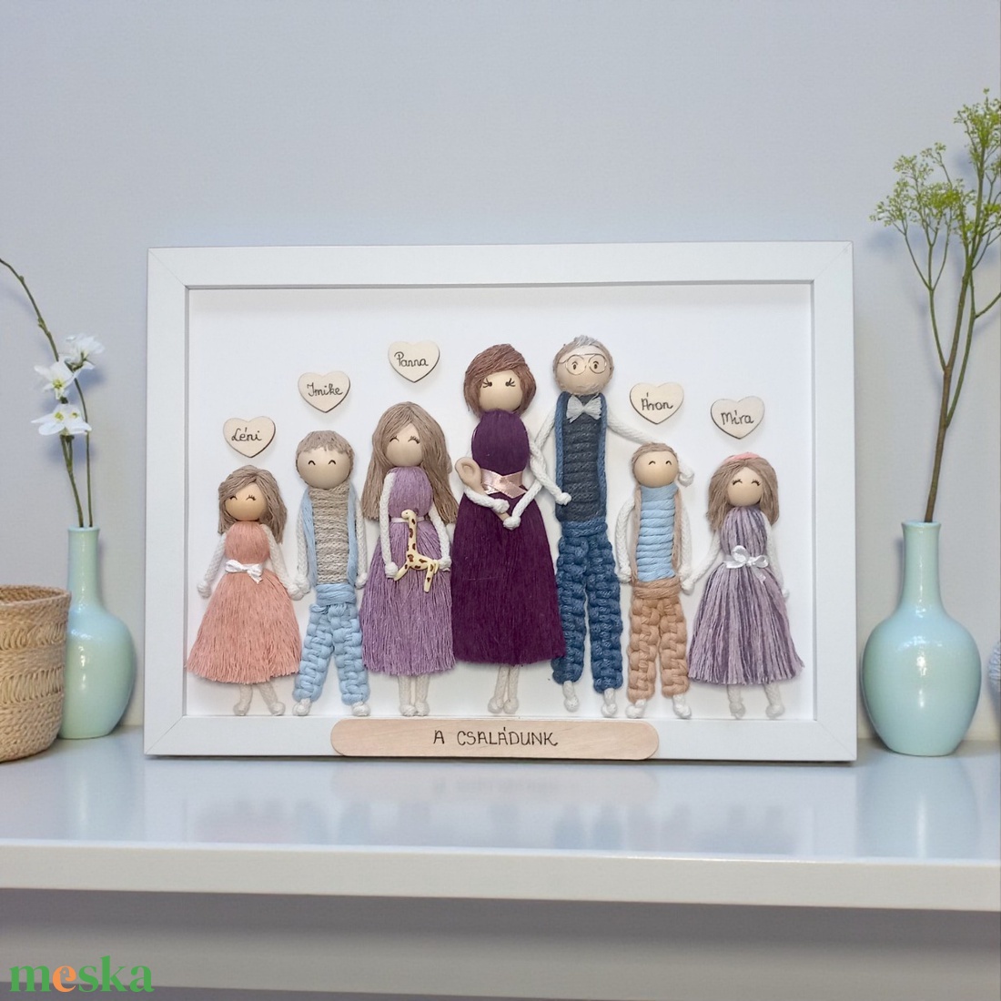 Makramé családi portré fonalkép � egyedi, személyre szabott dekoráció (21�30 cm) - otthon & életmód - dekoráció - fali és függő dekoráció - falra akasztható dekor - Meska.hu