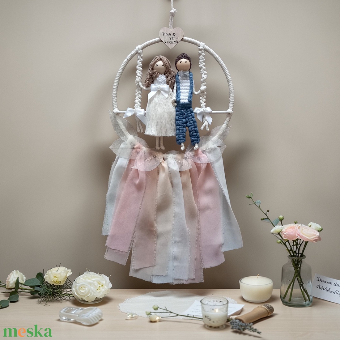 Egyedi esküvői makramé falidísz � menyasszony és vőlegény, névvel � személyre szabható nászajándék - esküvő - emlék & ajándék - nászajándék - ceremónia szett - Meska.hu