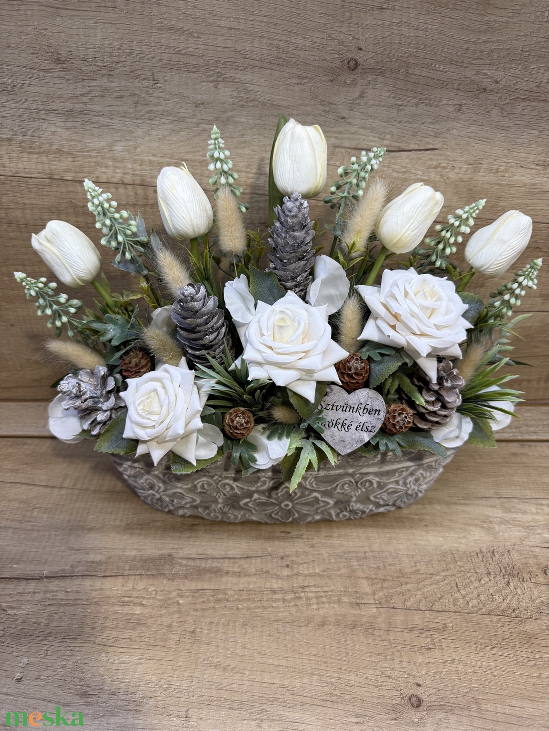 Tulipános rózsás sírdísz szívvel - otthon & életmód - vallás - temetkezési tárgy - sírdísz, kegyeleti dísz - Meska.hu