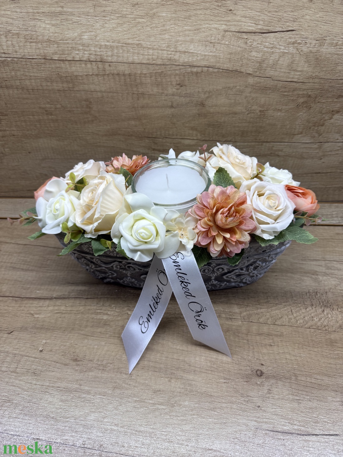 Barack-fehér sírdísz  - otthon & életmód - vallás - temetkezési tárgy - sírdísz, kegyeleti dísz - Meska.hu