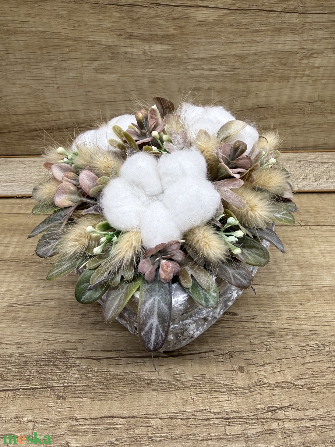 Szív alakú sírdísz gyapotvirágal - otthon & életmód - vallás - temetkezési tárgy - sírdísz, kegyeleti dísz - Meska.hu