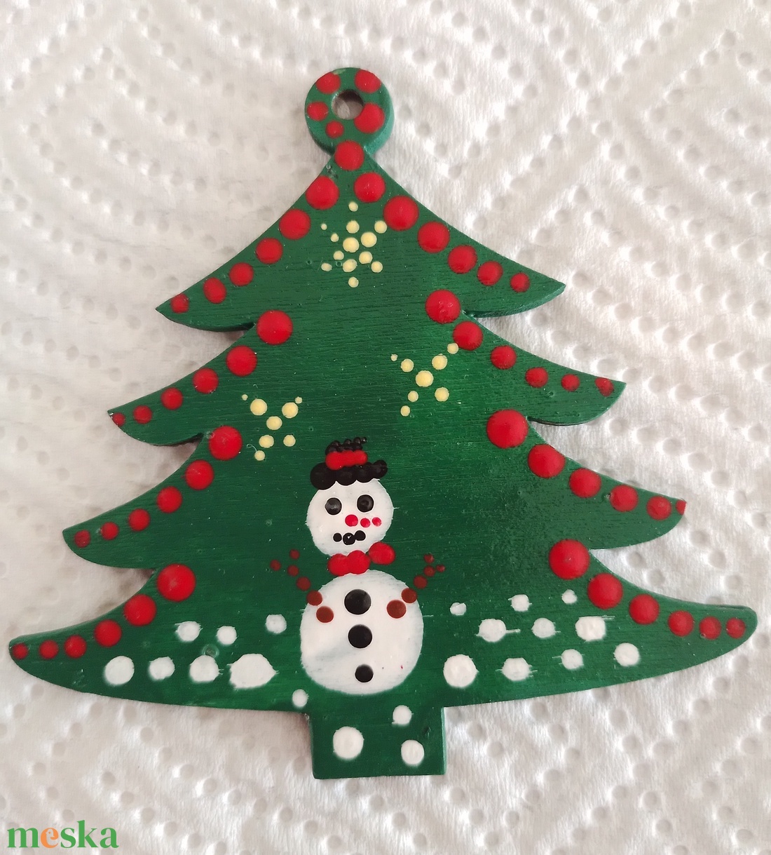 Karácsonyfadísz pontozott technikával, hóember mintával - fenyőfa - karácsony - karácsonyi lakásdekoráció - karácsonyfadíszek - Meska.hu