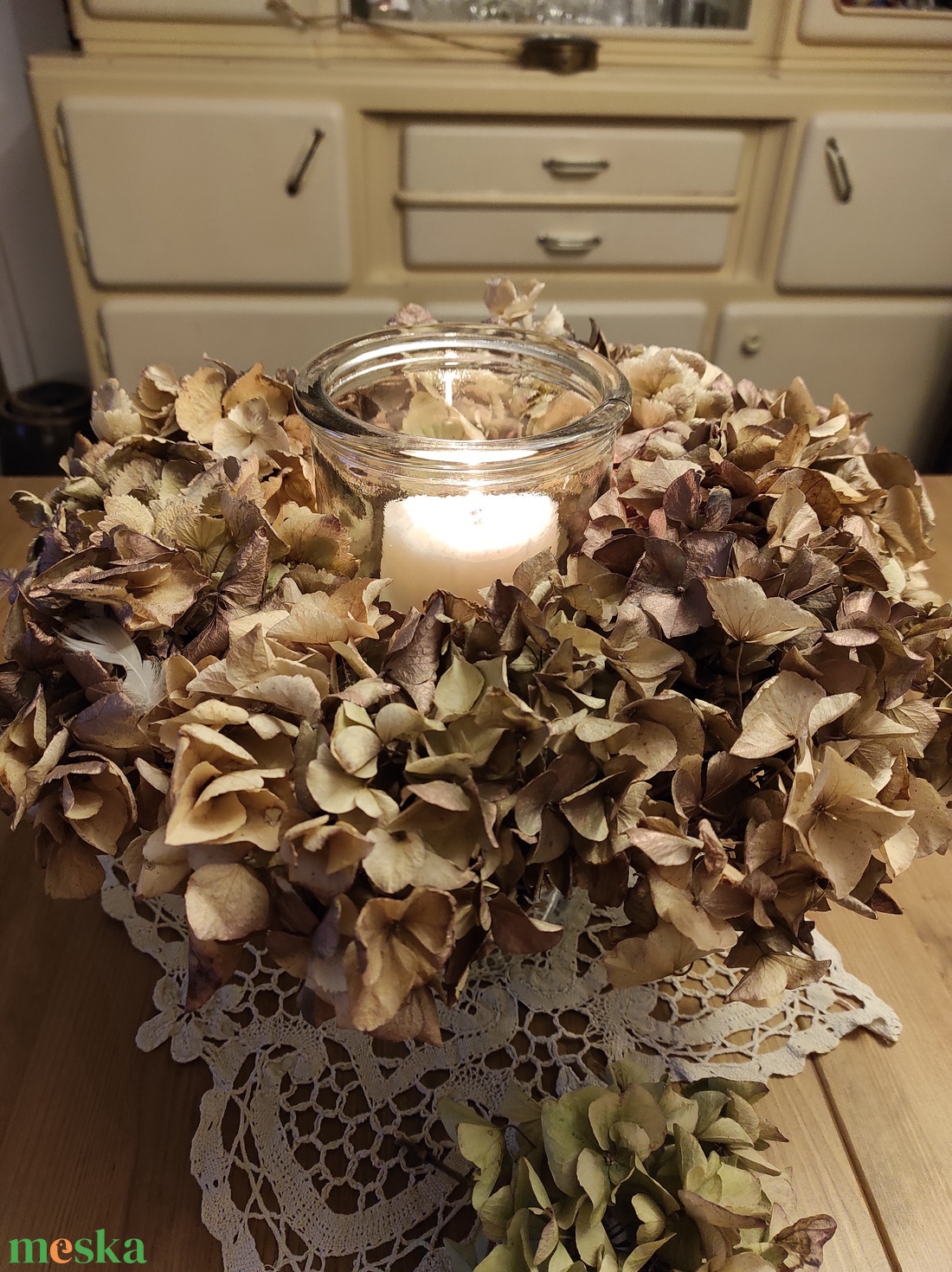 Adventi, szárított hortenzia kopogtató/asztaldísz - otthon & életmód - dekoráció - ajtó- és ablak dekoráció - ablakdísz - Meska.hu