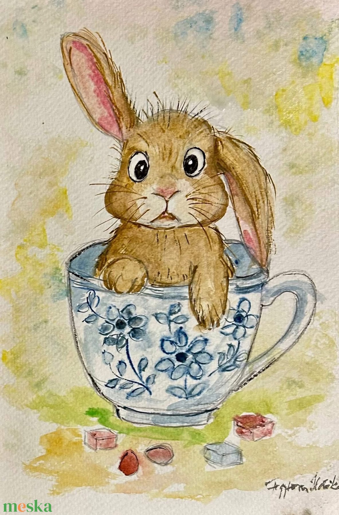 Nyuszi csészében- akvarell - művészet - festmény - akvarell - Meska.hu