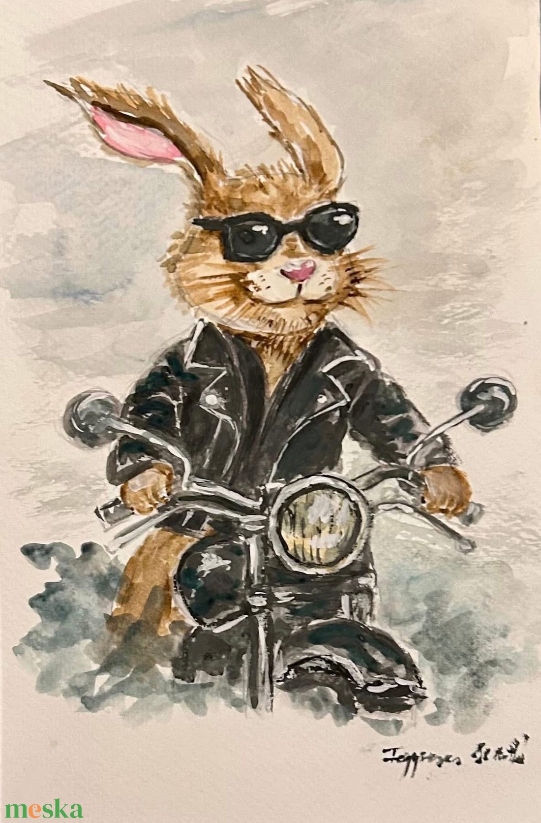 Motoros nyuszi- akvarell - művészet - festmény - akvarell - Meska.hu