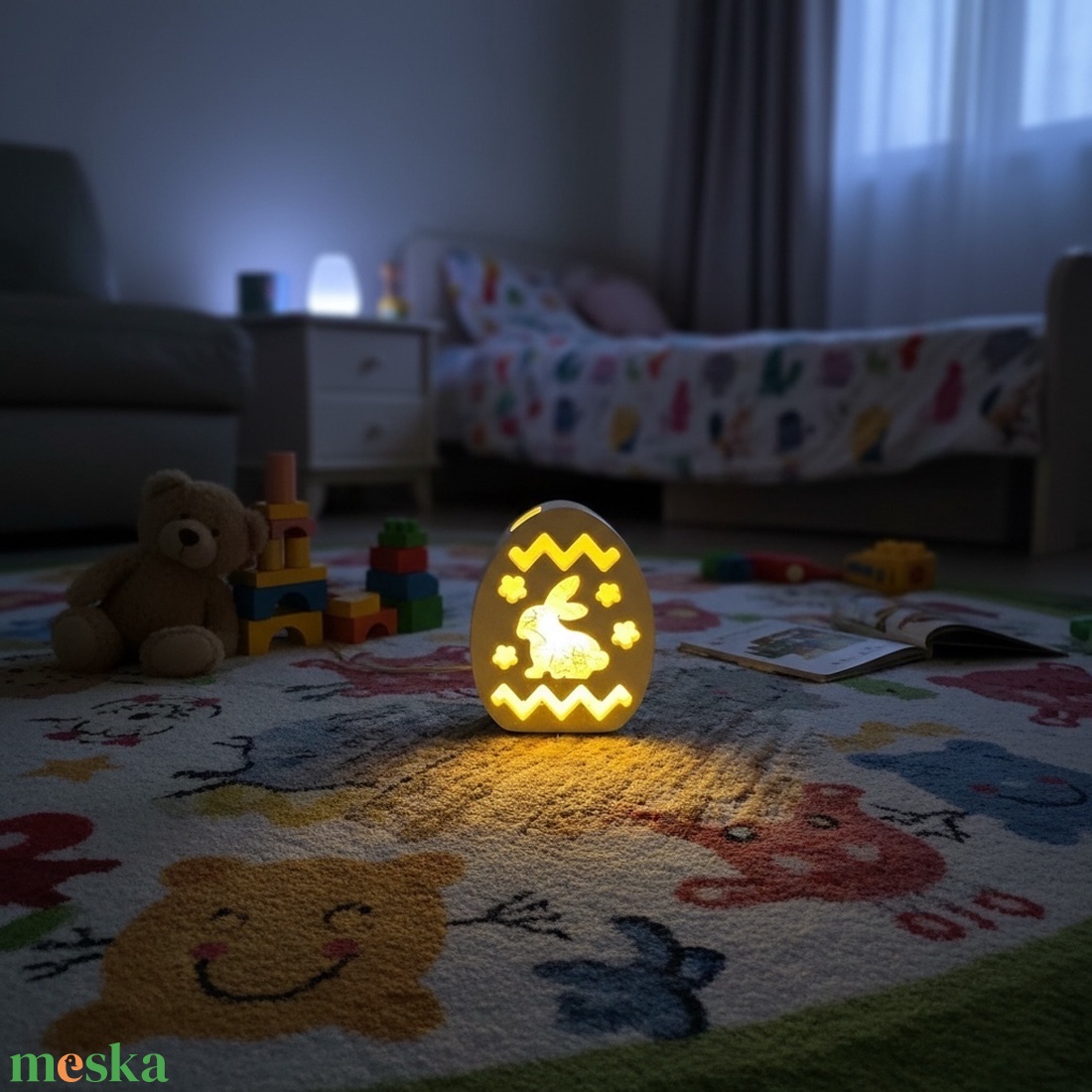 Mesefény tojás - nyuszis éjjelifény mesekártyával - ünnepi díszek, dekorációk - húsvéti díszek és dekorációk - húsvéti ajtódísz, kopogtató - Meska.hu