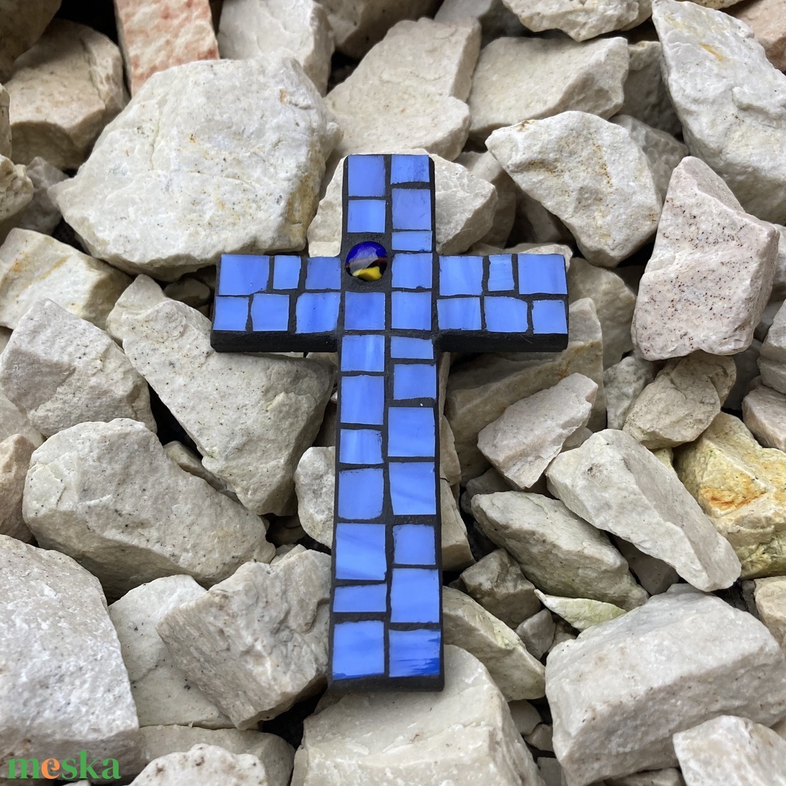 Pici mozaik kereszt - kék üvegmozaik, 11 cm - otthon & életmód - vallás - kereszt - Meska.hu