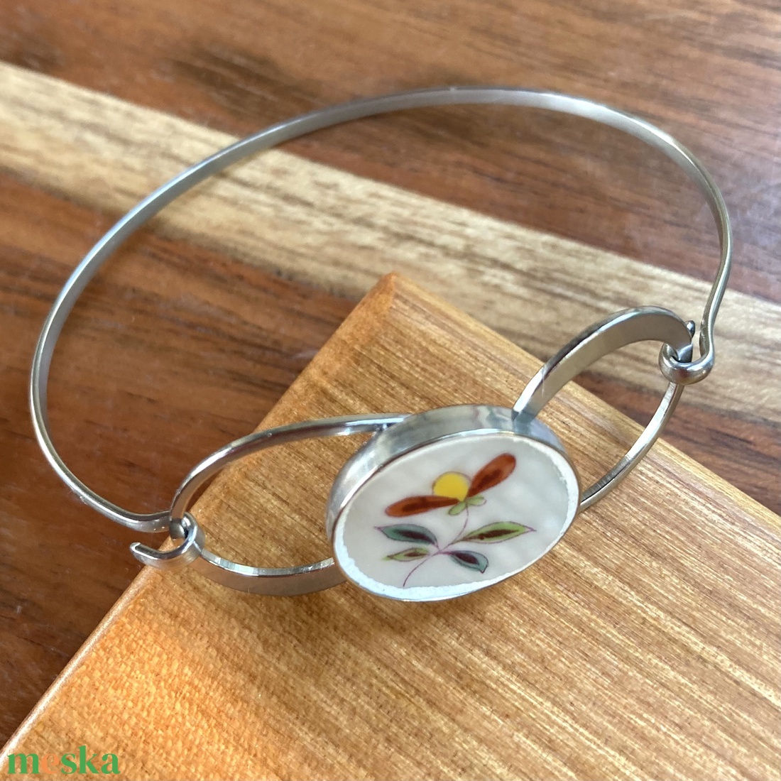 Herendi mentett darabok - nemesacél karperec porcelán virágos - 3 méretben - ékszer - karkötő - karkötő medállal - Meska.hu