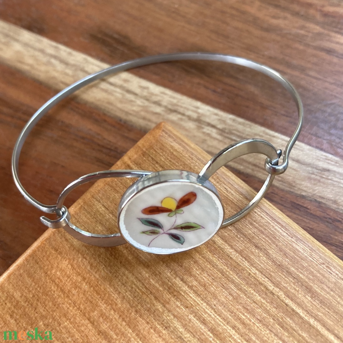 Herendi mentett darabok - nemesacél karperec porcelán virágos - 3 méretben - ékszer - karkötő - karkötő medállal - Meska.hu