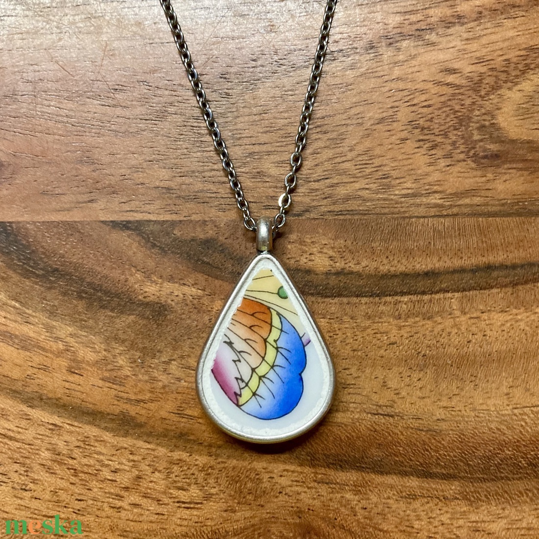 Herendi mentett darabok - porcelán nyaklánc - csepp medál nemesacél lánccal, pillangós - ékszer - nyaklánc - medálos nyaklánc - Meska.hu