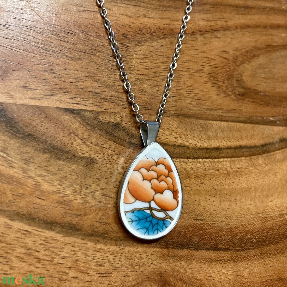 Herendi mentett darabok - virágos porcelán nyaklánc - nemesacél csepp medálos nyaklánc - ékszer - nyaklánc - medálos nyaklánc - Meska.hu