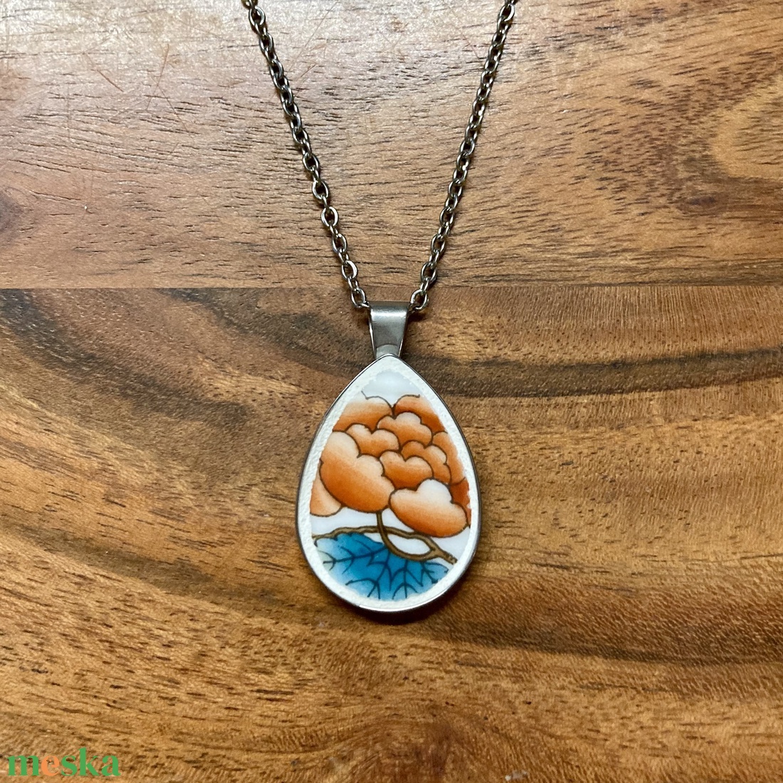 Herendi mentett darabok - virágos porcelán nyaklánc - nemesacél csepp medálos nyaklánc - ékszer - nyaklánc - medálos nyaklánc - Meska.hu