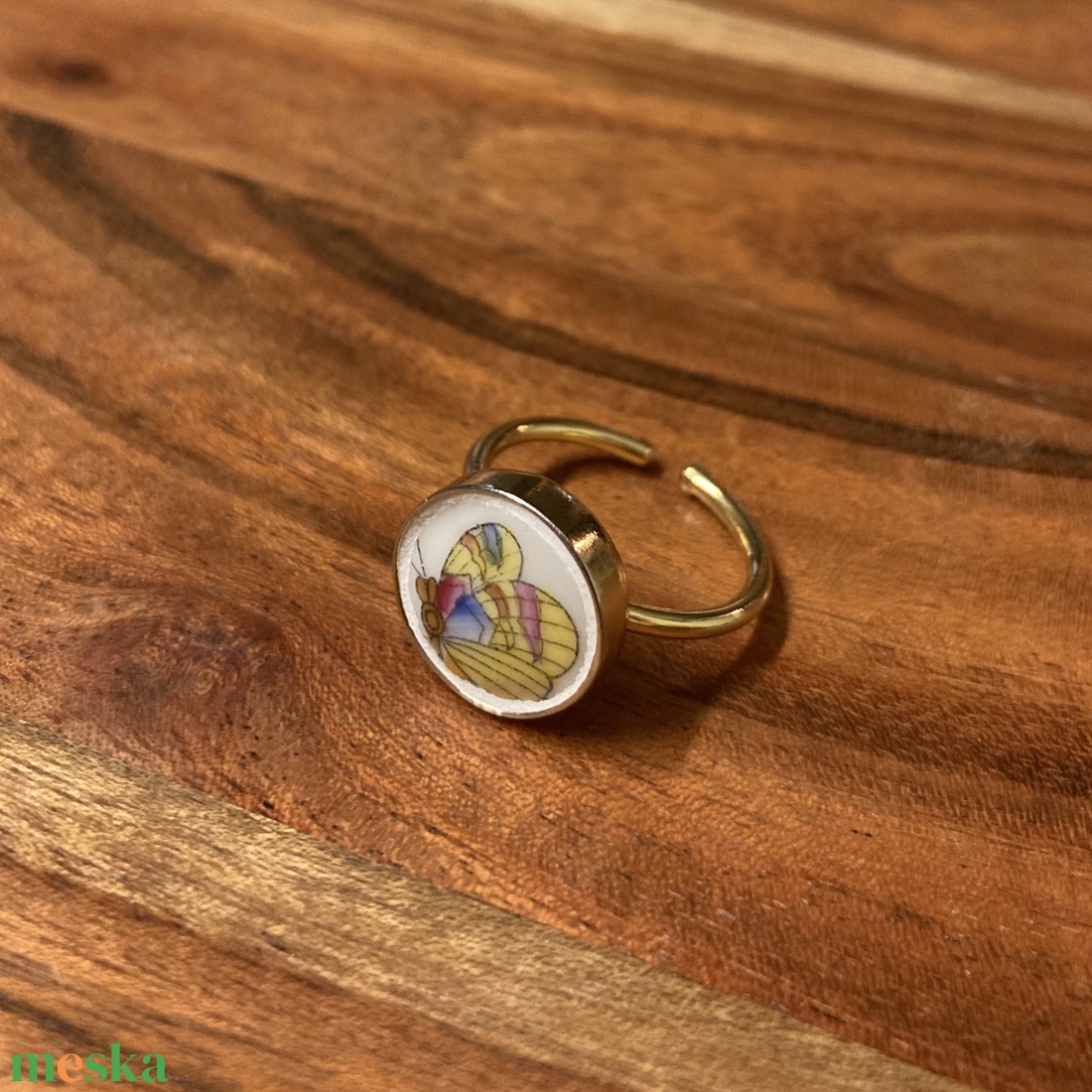 Aranyozott gyűrű - Herendi mentett darabok - pillangós, állítható - ékszer - gyűrű - szoliter gyűrű - Meska.hu