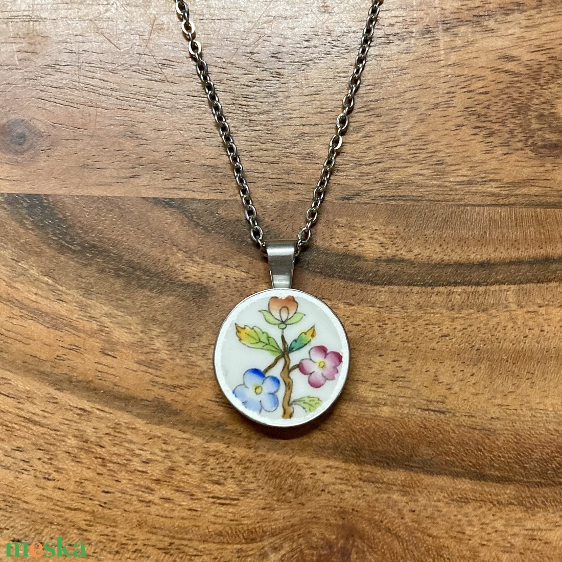 Herendi mentett darabok - nemesacél nyaklánc virágos porcelánnal - ékszer - nyaklánc - medálos nyaklánc - Meska.hu