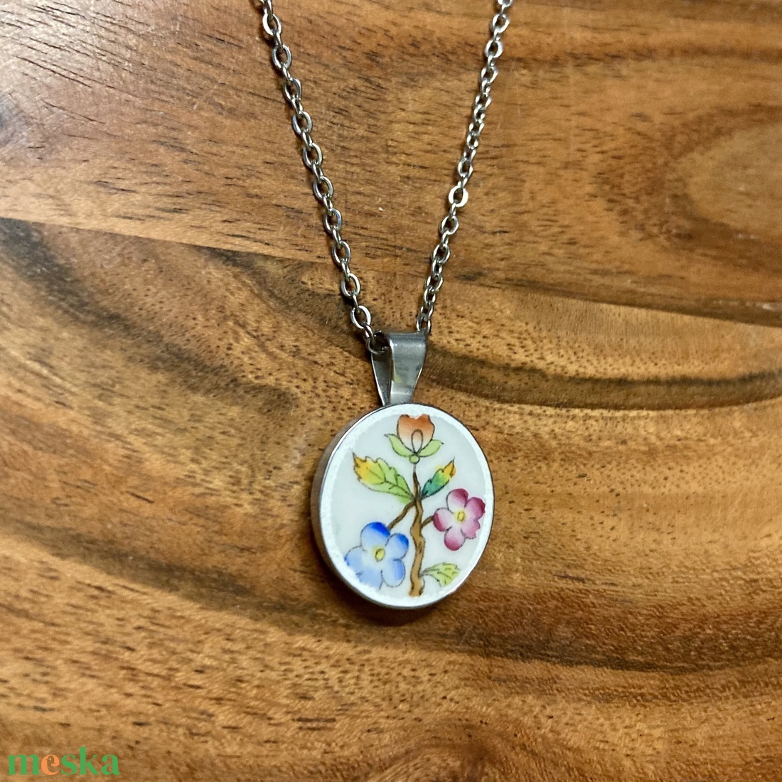 Herendi mentett darabok - nemesacél nyaklánc virágos porcelánnal - ékszer - nyaklánc - medálos nyaklánc - Meska.hu