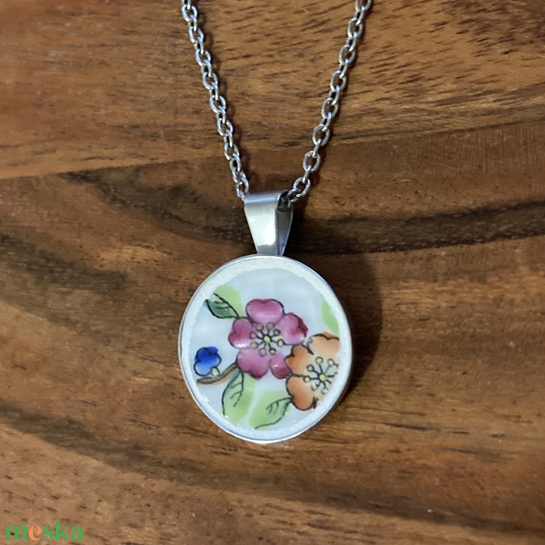 Herendi mentett darabok - nemesacél nyaklánc virágos porcelánnal - ékszer - nyaklánc - medálos nyaklánc - Meska.hu