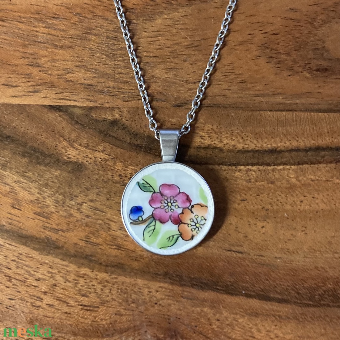 Herendi mentett darabok - nemesacél nyaklánc virágos porcelánnal - ékszer - nyaklánc - medálos nyaklánc - Meska.hu