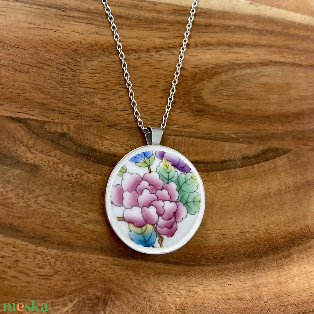 Herendi mentett darabok - nemesacél nyaklánc porcelánnal, nagy medál - ékszer - nyaklánc - medálos nyaklánc - Meska.hu