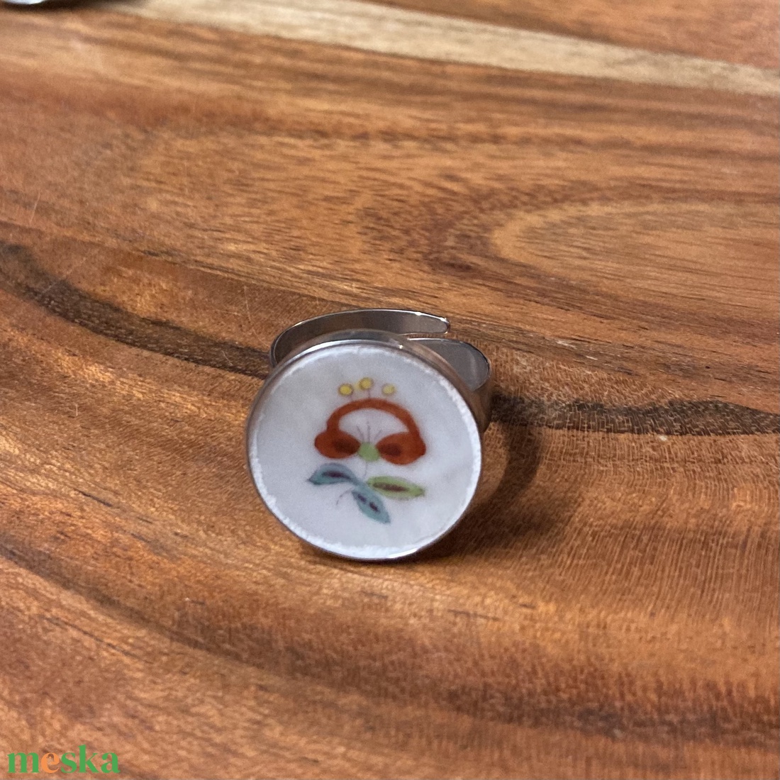 Herendi mentett darabok - nemesacél gyűrű - virágos porcelán, állítható - ékszer - gyűrű - kerek gyűrű - Meska.hu