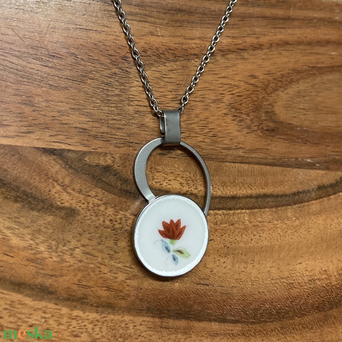 Herendi mentett darabok - nemesacél nyaklánc virágos porcelánnal - ékszer - nyaklánc - medálos nyaklánc - Meska.hu