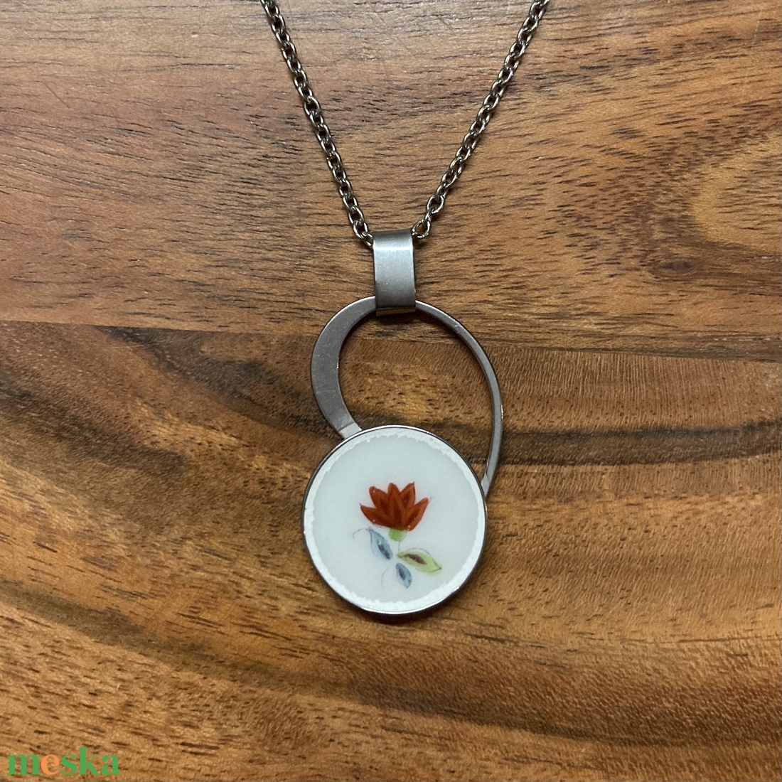 Herendi mentett darabok - nemesacél nyaklánc virágos porcelánnal - ékszer - nyaklánc - medálos nyaklánc - Meska.hu