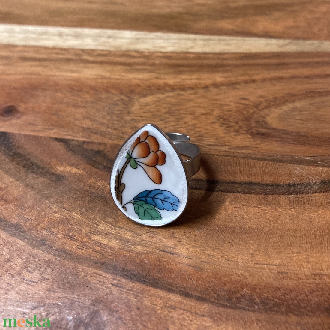 Herendi mentett darabok - nemesacél csepp gyűrű - virágos porcelán, állítható - ékszer - gyűrű - kerek gyűrű - Meska.hu