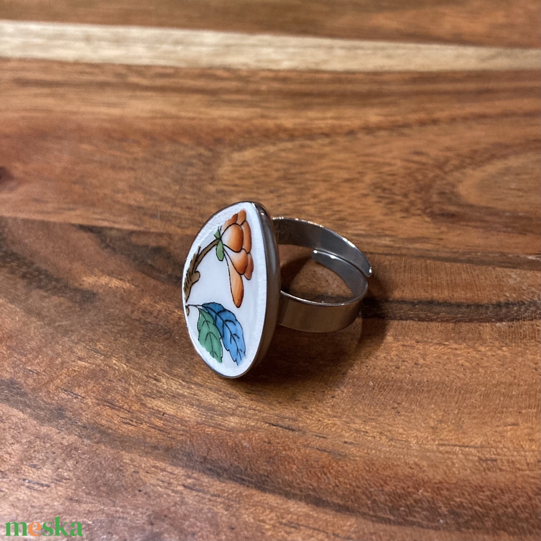 Herendi mentett darabok - nemesacél csepp gyűrű - virágos porcelán, állítható - ékszer - gyűrű - kerek gyűrű - Meska.hu