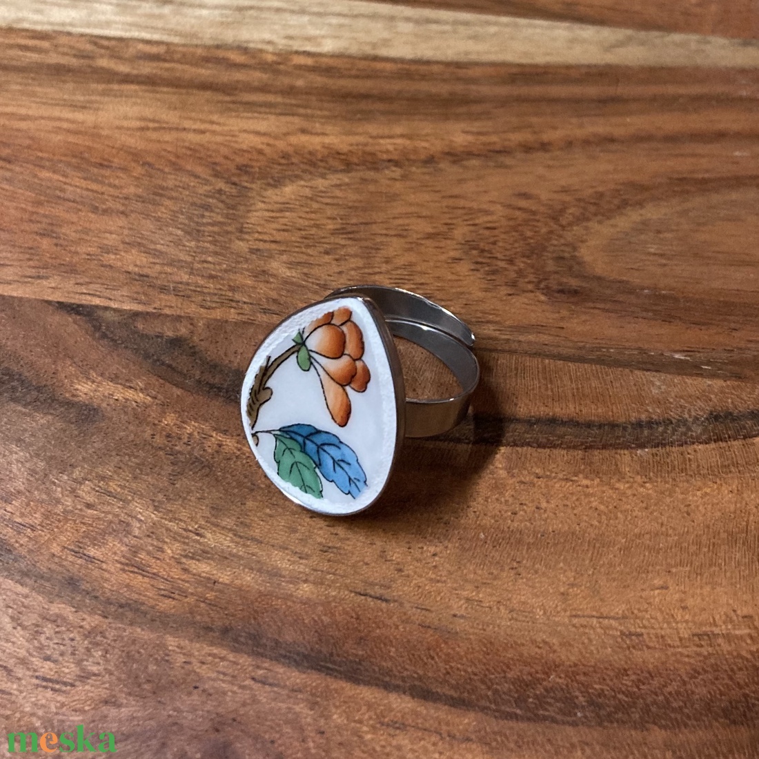 Herendi mentett darabok - nemesacél csepp gyűrű - virágos porcelán, állítható - ékszer - gyűrű - kerek gyűrű - Meska.hu