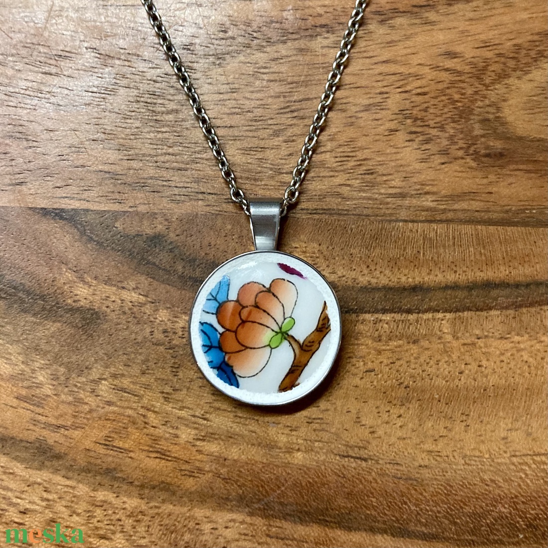 Herendi mentett darabok - nemesacél nyaklánc virágos porcelánnal - ékszer - nyaklánc - medálos nyaklánc - Meska.hu