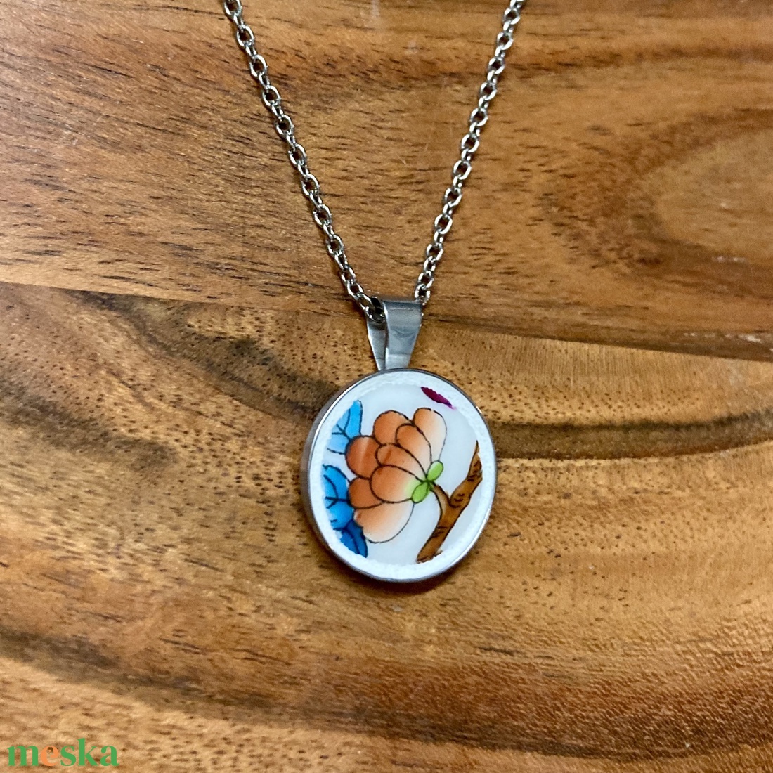 Herendi mentett darabok - nemesacél nyaklánc virágos porcelánnal - ékszer - nyaklánc - medálos nyaklánc - Meska.hu