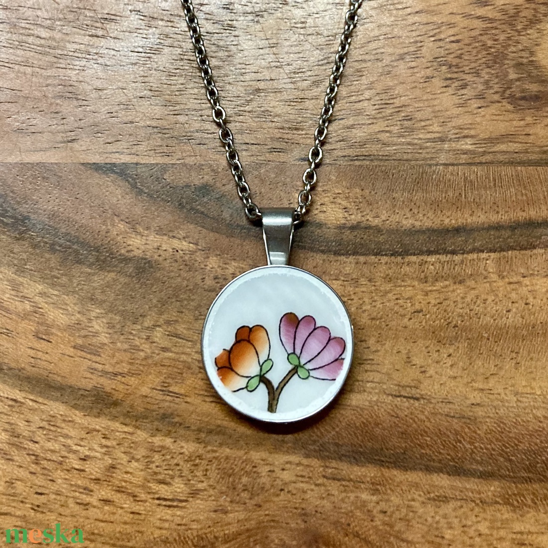Herendi mentett darabok - nemesacél nyaklánc virágos porcelánnal - ékszer - nyaklánc - medálos nyaklánc - Meska.hu