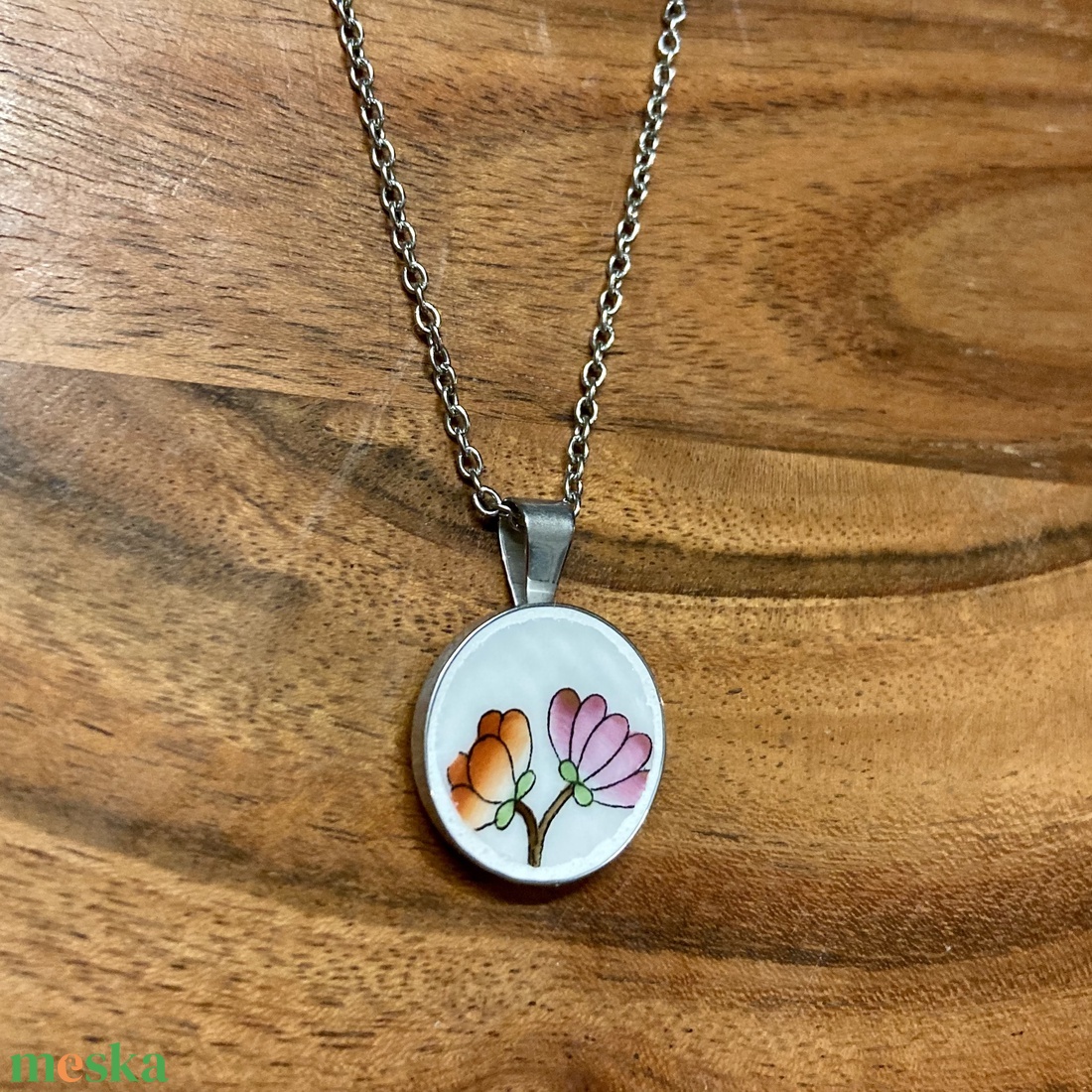 Herendi mentett darabok - nemesacél nyaklánc virágos porcelánnal - ékszer - nyaklánc - medálos nyaklánc - Meska.hu