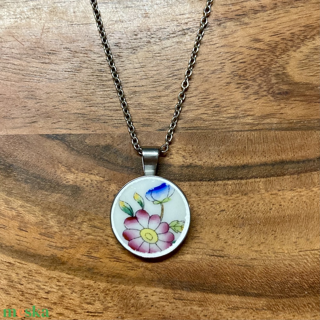 Herendi mentett darabok - nemesacél nyaklánc virágos porcelánnal - ékszer - nyaklánc - medálos nyaklánc - Meska.hu