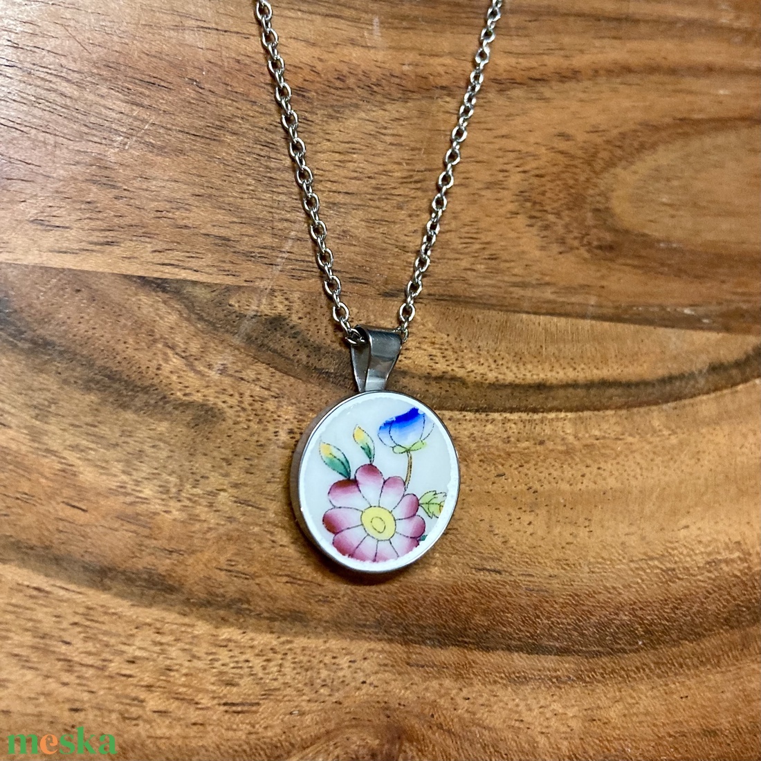 Herendi mentett darabok - nemesacél nyaklánc virágos porcelánnal - ékszer - nyaklánc - medálos nyaklánc - Meska.hu